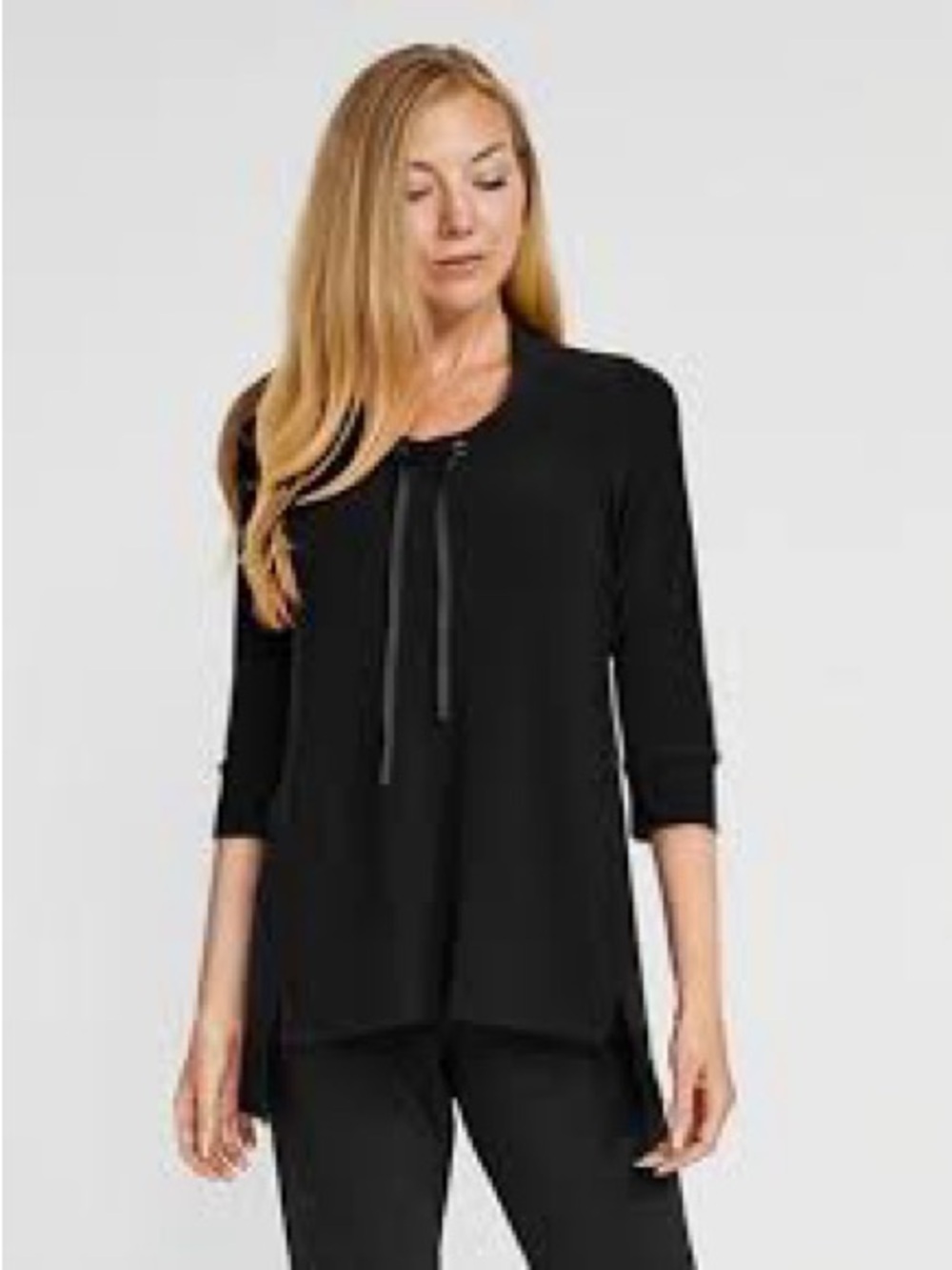 Sympli Tunic Top Women 10 Jersey Halo Sweatshirt Drawstring Pocket Stretch Black